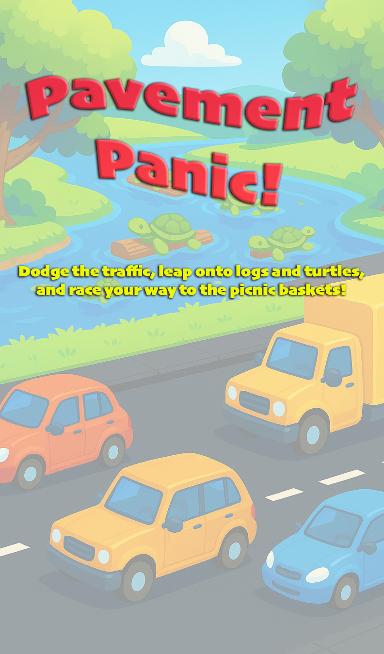 Pavement Panic game start screen showing cartoon landscape with cars, turtles on logs, and picnic baskets